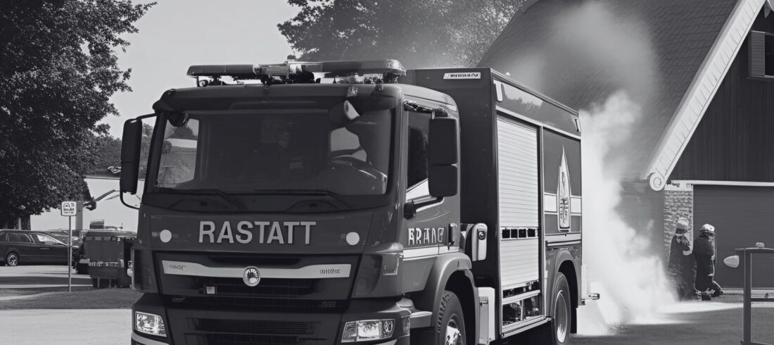 Ein Feuerwehrauto aus Rastatt löscht einen Brand durch Brandstiftung