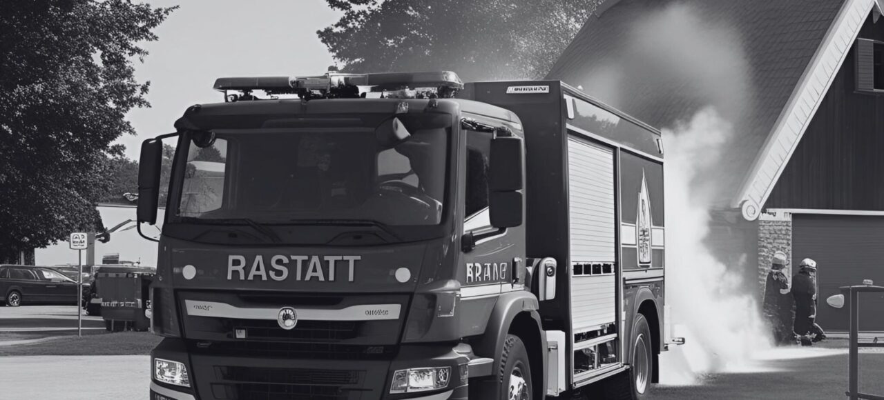 Ein Feuerwehrauto aus Rastatt löscht einen Brand durch Brandstiftung