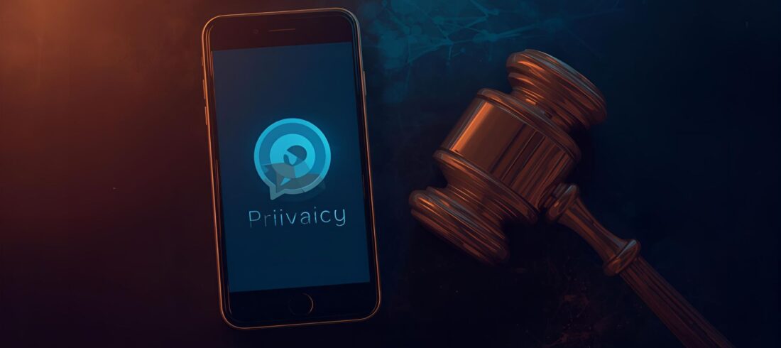 ANOM Ein gerichtlicher Hammer neben einem Smartphone mit verschlüsseltem Messenger